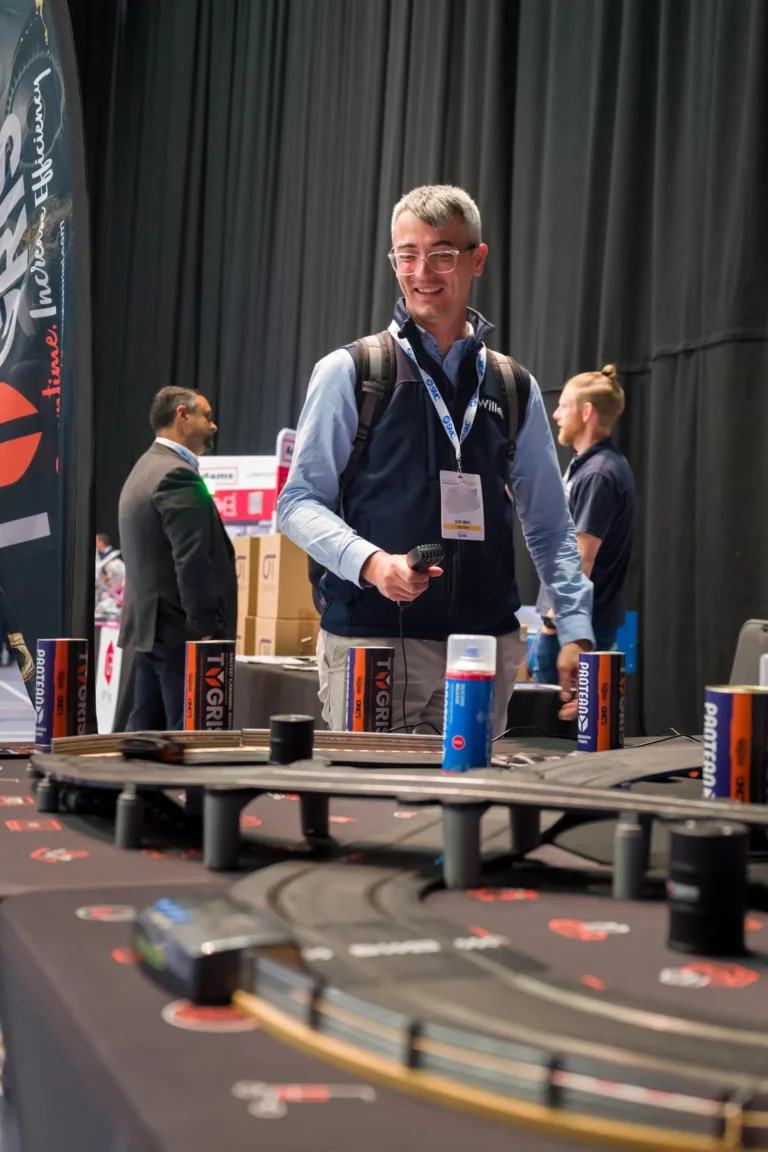 Delegate standing near the catering area at the 2026 Sustainable Food Factory and Food+Beverage Engineering event.