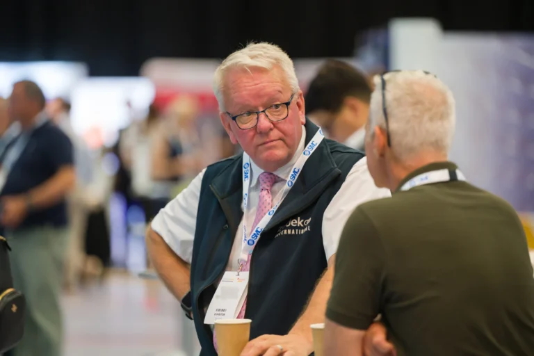 Delegates talking on the exhibition floor at the 2026 Sustainable Food Factory and Food+Beverage Engineering event.