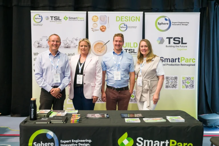 Exhibition team posing at the TSL stand at the 2026 Sustainable Food Factory and Food+Beverage Engineering event.
