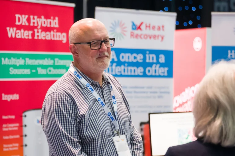 Exhibitor discussing heat recovery with visitors at the 2026 Sustainable Food Factory and Food+Beverage Engineering event.