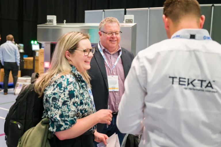 Visitors networking with an exhibitor at the 2026 Sustainable Food Factory and Food+Beverage Engineering event.