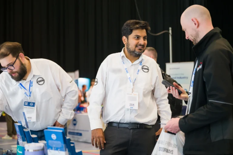 Visitors talking with exhibitors at a stand at the 2026 Sustainable Food Factory and Food+Beverage Engineering event.